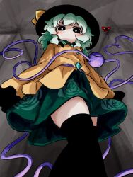  black_eyes black_hat black_thighhighs bow buttons collared_shirt commentary diamond_button disembodied_linked_eye empty_eyes eyeball female floral_print frilled_shirt_collar frilled_sleeves frills from_below green_hair green_skirt hat hat_bow heart heart_of_string heripantomorrow komeiji_koishi long_sleeves print_skirt rose_print shirt skirt sleeves_past_fingers sleeves_past_wrists solo thighhighs touhou wide_sleeves yellow_bow yellow_shirt 