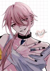  1boy black_collar black_nails collar commentary_request ear_piercing heart highres jacket jewelry kaida_shion long_hair low_side_ponytail male_focus midriff nail_polish paradox_live piercing pink_hair red_eyes ring shirt side_ponytail sleeveless sleeveless_shirt ssr027 white_background white_shirt yellow_jacket 