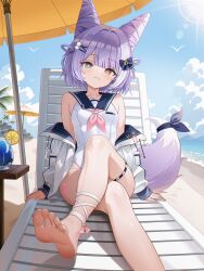  absurdres animal_ears bare_shoulders barefoot beach beach_umbrella blue_bow blue_ribbon blue_sailor_collar bow commentary cone_hair_bun double_bun english_commentary feet female foot_focus fox_ears fox_girl fox_tail full_body hair_bun hair_ears hair_intakes hair_ornament hair_rings hairbow hairclip highres jacket multicolored_hair multiple_hairclips neckerchief one-piece_swimsuit open_clothes open_jacket petite pink_neckerchief purple_hair purple_tail ribbon rim_(rimmon2438) sailor_collar short_hair soles solo stellive streaked_hair swimsuit tail tail_ornament tail_ribbon tenko_shibuki two-tone_tail umbrella virtual_youtuber white_jacket white_one-piece_swimsuit white_streaks white_tail x_hair_ornament 