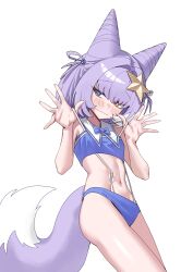  absurdres animal_ears bare_shoulders bikini blue_bikini blue_bow blue_eyes bow carbonara_(user_jstu7878) closed_mouth collar commentary cone_hair_bun cowboy_shot double_bun english_commentary female fox_ears fox_girl fox_tail hair_bun hair_ears hair_intakes hair_ornament hair_rings hair_tie hands_up heterochromia highres looking_at_viewer multicolored_hair navel open_hands pink_pupils pulling_own_clothes purple_hair purple_tail short_hair simple_background solo star_(symbol) star_hair_ornament stellive stomach strap_pull streaked_hair suspenders_pull suspenders_under_shirt swimsuit tail tenko_shibuki thighs two-tone_tail virtual_youtuber white_background white_collar white_streaks white_tail yellow_eyes yellow_pupils 