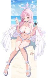  absurdres bare_legs beach bikini blue_archive blue_sky blush border breasts camera cleavage closed_mouth cloud cloudy_sky collarbone commentary_request day feathered_wings female frilled_bikini frills halo high_heels highres holding holding_camera holding_photo large_breasts lastation14 looking_at_viewer mika_(blue_archive) mika_(swimsuit)_(blue_archive) navel ocean official_alternate_costume photo_(object) pink_hair pink_halo sand sandals sitting sky solo starfish swimsuit white_bikini white_border white_sandals white_wings wings yellow_eyes 