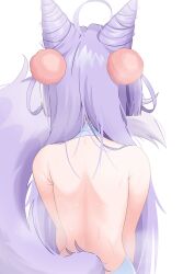  absurdres ahoge animal_ears back bare_back bare_shoulders citrus_(codebs1004) commentary_request cone_hair_bun double_bun female fox_ears fox_girl fox_tail from_behind hair_bun hair_ears hair_ornament hair_rings highres korean_commentary long_hair pom_pom_(clothes) pom_pom_hair_ornament purple_hair purple_tail simple_background solo stellive tail tenko_shibuki very_long_hair virtual_youtuber white_background 