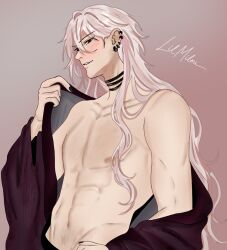  1boy black_collar black_nails brown_jacket collar commentary ear_piercing english_commentary gradient_background jacket kaida_shion lilmilou long_hair male_focus nail_polish painterly paradox_live piercing red_background red_eyes topless_male white_hair 