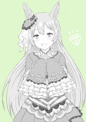  animal_ears blush commentary_request cowboy_shot dress female frilled_sleeves frills green_background greyscale_with_colored_background highres horse_ears horse_girl long_hair looking_at_viewer monochrome open_mouth satono_diamond_(natural_brilliance)_(umamusume) satono_diamond_(umamusume) sleeves_past_fingers sleeves_past_wrists smile solo tomohisa umamusume 