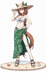  alternate_costume animal_ears belt bikini black_ribbon braid breasts brown_hair brown_hat brown_sandals closed_mouth commentary_request ears_through_headwear faux_figurine female full_body green_sarong hair_between_eyes hair_ribbon hand_on_headwear hat horse_ears horse_girl horse_tail korean_commentary long_hair looking_at_viewer mauve purple_eyes ribbon sandals sarong smile solo standing starfish swimsuit symboli_rudolf_(umamusume) tail umamusume white_belt white_bikini 