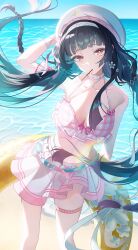  absurdres arm_behind_head bandaid bandaid_on_chest beach bikini bikini_skirt black_hair blue_sky bow bow_bikini braid breasts chisa_(peach_parfait)_(wuthering_waves) chisa_(wuthering_waves) collarbone commentary day feet_out_of_frame female floating_hair flower_hairclip food food_in_mouth hameln_11 hat highres holding holding_swim_ring leaning_to_the_side long_hair looking_at_viewer medium_breasts ocean official_alternate_costume outdoors plaid_bikini plaid_clothes pleated_skirt pocky pocky_in_mouth red_eyes skirt sky solo standing swim_ring swimsuit twintails very_long_hair white_hat wuthering_waves 
