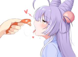  1other absurdres ahoge animal_ears blue_shirt blush citrus_(codebs1004) commentary_request cone_hair_bun double_bun drooling female fox_ears fox_girl from_side hair_bun hair_ears hair_ornament hair_rings heart highres inari_(tenko_shibuki) korean_commentary long_hair long_single_sidelock looking_at_object multicolored_hair open_mouth pink_pupils pom_pom_(clothes) pom_pom_hair_ornament profile purple_hair shirt simple_background stellive streaked_hair tenko_shibuki tenko_shibuki_(1st_costume) tongue tongue_out virtual_youtuber white_background white_streaks yellow_eyes 