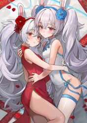  2girls animal_ears ariko_(aaaaarik) azur_lane blue_hairband breasts china_dress chinese_clothes commentary covered_navel dress dual_persona fake_animal_ears flower grey_hair hair_flower hair_ornament hairband hashtag-only_commentary highres laffey_(azur_lane) long_hair looking_at_viewer lying multiple_girls on_side parted_lips rabbit_ears red_dress red_eyes red_flower red_hairband small_breasts symbol-only_commentary thighhighs twintails very_long_hair white_dress white_thighhighs 