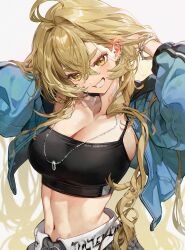  arms_behind_head black_shirt blonde_hair blue_jacket bracelet breasts cleavage collarbone commentary cowboy_shot crop_top dotori_(seulseul) ear_piercing female grin hair_between_eyes highres jacket jewelry large_breasts long_hair looking_at_viewer navel necklace open_clothes open_jacket original piercing ring ring_necklace shirt smile solo stomach symbol-only_commentary thick_eyebrows twitter_username very_long_hair yellow_eyes 