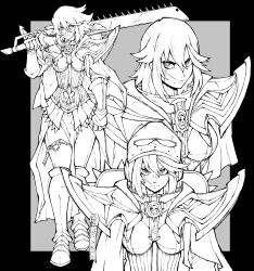  absurdres adepta_sororitas armor cape chainsaw chainsword crossover facing_viewer female greyscale highres holding holding_chainsaw holding_sword holding_weapon kekel kill_la_kill looking_at_viewer matoi_ryuuko monochrome multiple_views on_shoulder pauldrons power_armor scar scar_on_face senketsu serious short_hair shoulder_armor sword warhammer_40k weapon 