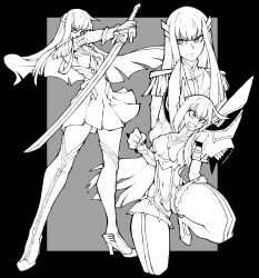  absurdres bakuzan boots breasts cleavage english_commentary epaulettes female greyscale hair_ornament highres holding holding_sword holding_weapon junketsu kamui_(kill_la_kill) katana kekel kill_la_kill kiryuuin_satsuki living_clothes long_hair monochrome multiple_views navel outside_border revealing_clothes school_uniform serious shaded_face suspenders sword teeth thick_eyebrows thigh_boots weapon 