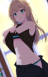  bare_shoulders belly black_skirt blonde_hair blue_bra blue_panties blush bra green_eyes highres hololive indoors kazama_iroha namikawa_kuroha navel open_clothes open_mouth panties partially_undressed skirt underwear undressing virtual_youtuber 