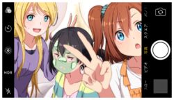  3girls :d :o :| ayase_eli bad_id bad_twitter_id black_hair blonde_hair blue_eyes blurry blush brown_hair bunny_ears_prank cardigan closed_mouth collarbone commentary cucumber fake_phone_screenshot fake_screenshot kosaka_honoka long_hair long_sleeves looking_at_viewer love_live! love_live!_school_idol_project mud_mask multiple_girls one_side_up open_cardigan open_clothes open_mouth ponytail purple_sweater red_eyes scrunchie selfie shuca_ca smile sweatdrop sweater translated v viewfinder yazawa_nico 