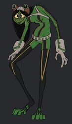  2018 absurd_res amphibian asui_tsuyu belly black_hair bodysuit breasts clothed clothing cosplay digitigrade eyewear female frog goggles green_body green_skin hair hi_res keadonger my_hero_academia scp-811 scp_foundation simple_background skinsuit slim smile solo tall tight_clothing tongue tongue_out yellow_eyes 