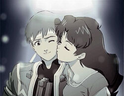  1boy aged_up anime_screenshot celvice_klein female headband kissing kissing_cheek leo_stenbuck long_hair lowres monochrome one_eye_closed spoilers zone_of_the_enders zone_of_the_enders_2 