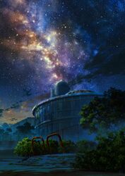  blurry blurry_foreground building bush chain-link_fence commentary_request depth_of_field fence highres milky_way mocha_(cotton) moss nebula night night_sky no_humans observatory original outdoors ruins rust scenery sky stairs star_(sky) starry_sky stone_stairs tree 