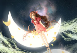  absurdres aerith_gainsborough bow brown_hair feet female final_fantasy final_fantasy_vii green_eyes hairbow highres legs lenak long_hair looking_at_viewer moon night sitting sky smile solo very_long_hair 