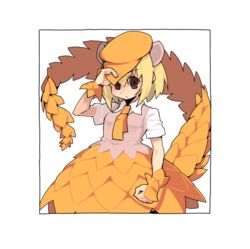  blonde_hair blush border chinese_commentary commentary cuffs deerstalker female giant_pangolin_(kemono_friends) hand_on_headwear hat kemono_friends litamisu necktie pangolin_ears pangolin_tail scales short_hair short_sleeves skirt solo vest white_background 