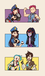  6+girls absurdres black_hair blue_eyes blue_hair braid breasts brown_eyes brown_hair caitlyn_(league_of_legends) chest_harness cleavage closed_eyes cold_weather colored_skin commentary_request crossover cupcake drooling flexing food fork fruit gloves hands_on_own_cheeks hands_on_own_face hands_on_own_hips harness hat headgear highres jinx_(league_of_legends) large_breasts league_of_legends lipstick makeup midriff multiple_girls muscular muscular_female navel officer_caitlyn officer_vi official_alternate_costume open_mouth overwatch overwatch_1 parted_lips photoshop_(medium) pink_hair police police_hat police_uniform policewoman pose purple_eyes purple_hair purple_skin red_hair red_lips saliva sharp_teeth smile star-shaped_pupils star_(symbol) strawberry symbol-shaped_pupils tattoo teeth tracer_(overwatch) uniform vi_(league_of_legends) widowmaker_(overwatch) yellow_eyes zarya_(overwatch) 