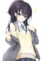  :o ^^^ black_hair blazer blue_eyes blue_necktie blunt_bangs blush collared_shirt commentary_request female grey_jacket head_tilt highres idolmaster idolmaster_shiny_colors jacket kazano_hiori long_hair long_sleeves mole mole_under_mouth necktie off_shoulder open_clothes open_jacket parted_lips photoshop_(medium) school_uniform shirt simple_background solo striped striped_necktie sweater unbuttoned undressing upper_body white_background wing_collar yellow_sweater yuu_(oosakazaijyuu) 