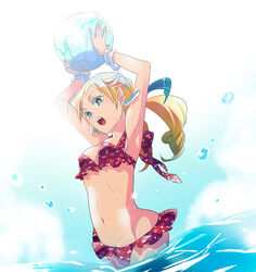  :o arms_up ball beachball bikini blonde_hair bow_print bracelet breasts bright_pupils chimaki_(impressiveanarchy) cleavage colored_eyelashes commentary_request cowboy_shot earrings female frilled_bikini frills groin holding holding_ball holding_beachball hoop_earrings jewelry long_hair looking_at_viewer low_twintails medium_breasts myriam_(saga) navel open_mouth print_bikini red_bikini romancing_saga romancing_saga_minstrel_song saga solo swimsuit twintails wading water water_drop white_pupils 