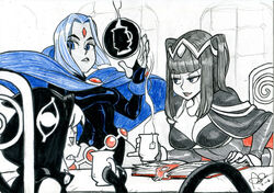  3girls alex_ahad bangs belt black_hair blue_eyes blue_hair blunt_bangs bodystocking book breasts cape cleavage crossover cup dc_comics fingerless_gloves fire_emblem fire_emblem:_kakusei forehead_jewel gloves hood large_breasts leotard medusa_gorgon multiple_crossover multiple_girls open_book pinky_out raven_(dc) short_hair soul_eater tea_bag teacup teen_titans tharja tiara 