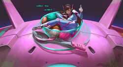  acronym animal_print bad_artstation_id bad_id bad_link bodysuit bowl breasts brown_eyes brown_hair candy clothes_writing d.va_(overwatch) emblem english_text facepaint facial_mark female finger_gun food full_body glass glass_bowl glass_saucer gloves gradient_background gun headphones high_collar holding holding_gun holding_weapon ice_cream in_bowl in_container in_food lollipop long_hair looking_at_viewer lying mecha medium_breasts meka_(overwatch) mini_person minigirl on_side overwatch overwatch_1 pilot_suit pink_lips pointing pointing_at_viewer purple_background rabbit_print ribbed_bodysuit robot saucer shinkon_santaku shoulder_pads skin_tight solo spoon sundae swept_bangs weapon whisker_markings white_gloves x-dawn_zeng 