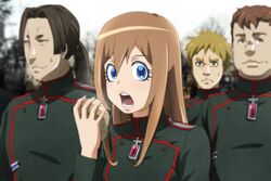  3boys black_hair blonde_hair blue_eyes blurry brown_hair commentary_request depth_of_field eating female frown genya_(genya67) highres looking_at_viewer military military_uniform multiple_boys nervous_smile open_mouth parody ponytail potato rhiner_neumann sasha_blouse shingeki_no_kyojin smile sweatdrop uniform viktoriya_ivanovna_serebryakov warren_grantz wilibald_koenig youjo_senki 