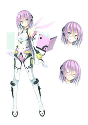  absurdres bare_shoulders blue_eyes bodysuit book boots bored chains closed_eyes commentary_request crazyodin elbow_gloves female full_body glasses gloves highres leotard open_mouth original parted_lips purple_hair short_hair sleeveless smile solo standing thigh_boots thighhighs white_background 