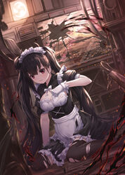  alternate_costume apron bad_id bad_pixiv_id black_dress black_hair black_thighhighs bow breasts broken_glass cleavage cleavage_cutout clenched_teeth clothing_cutout commentary dress enmaided female frilled_dress frills girls&#039;_frontline glass gloves grate hair_between_eyes hand_fan hand_up highres light long_hair looking_at_viewer lunacle magic maid maid_headdress medium_breasts on_floor ouroboros_(girls&#039;_frontline) photoshop_(medium) puffy_short_sleeves puffy_sleeves red_eyes sangvis_ferri short_sleeves sitting solo sparks teeth thighhighs torn_apron torn_clothes torn_dress torn_gloves torn_thighhighs twintails v-shaped_eyebrows vent_(object) ventilation_fan very_long_hair waist_apron wariza white_apron white_bow white_gloves 