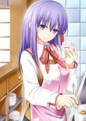  apron bush commentary_request fate/stay_night fate_(series) female highres homurahara_academy_school_uniform kitchen ladle long_hair looking_at_viewer matou_sakura photoshop_(medium) pot purple_eyes purple_hair saucer school_uniform smile solo yuu_(oosakazaijyuu) 