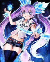  bad_id bad_pixiv_id black_shorts blue_eyes blue_hair boots braid camomi female gen&#039;ei_wo_kakeru_taiyou hoshikawa_seira jewelry navel purple_eyes purple_hair shorts solo thighhighs twintails 