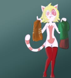  anthro beleth_(floraverse) blonde_hair clothing digital_media_(artwork) digital_painting_(artwork) domestic_cat dress featureless_crotch felid feline felis female flat_chested floraverse hair hi_res hoodie knullox larrybay2 legwear mammal mostly_nude puppet solo stockings topwear white_beleth_(floraverse) 