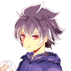  1boy :t baozi black_hair commentary_request daguana eating food hood hoodie male_focus portrait red_eyes simple_background solo warioware white_background young_cricket 