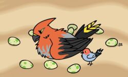  5:3 ambiguous_gender animated avian birdcheese black_eyes digital_media_(artwork) duo egg feathers feral fletchling generation_6_pokemon grey_body grey_feathers low_res nintendo orange_body orange_feathers pokemon pokemon_(species) pokemon_egg short_playtime simple_background size_difference talonflame 