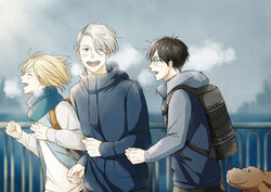  3boys backpack bag black_hair blonde_hair blue-framed_eyewear blue_eyes bridge brown_eyes canine closed_eyes commentary_request glasses grey_hair jacket katsuki_yuuri makkachin male_focus mamemomota multiple_boys open_mouth running scarf smile track_jacket viktor_nikiforov yuri!!!_on_ice yuri_plisetsky 