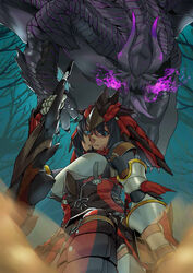  armor black_hair blue_eyes cete_(controllingtime) claws commentary_request dragon female gauntlets gore_magala greatsword holding holding_weapon horns looking_at_viewer looking_down monster_hunter_(character) monster_hunter_(series) monster_hunter_4 rathalos_(armor) sword tongue tongue_out weapon wings 