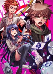  2boys ahoge bad_id bad_pixiv_id black_thighhighs blood blood_splatter blue_eyes blue_hair bow brown_eyes brown_hair cd chains character_name clenched_teeth collarbone crystal_ball danganronpa:_trigger_happy_havoc danganronpa_(series) doorknob ear_piercing facial_hair female glass goatee gold green_eyes gun hair_ornament hairclip handgun katana knife kuwata_leon long_hair long_sleeves lotter75 maizono_sayaka multiple_boys naegi_makoto open_mouth orange_hair paint_roller piercing pink_blood revolver safety_pin scabbard school_uniform screwdriver serafuku sheath short_hair skirt spiked_hair spoilers sweat sweater sword teeth thighhighs very_long_hair weapon 