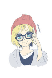  adjusting_eyewear ayase_eli beanie blonde_hair blue_eyes collarbone commentary_request cosplay female glasses grey_hoodie hat head_tilt highres hood hoodie kashikaze long_hair love_live! love_live!_school_idol_project nanjou_yoshino nanjou_yoshino_(cosplay) partial_commentary red_hat shirt short_hair simple_background smile solo translated upper_body voice_actor voice_actor_connection white_background white_shirt 