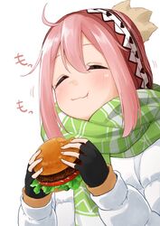  ahoge beanie burger closed_eyes closed_mouth commentary_request eating female fingerless_gloves food gloves hat jacket kagamihara_nadeshiko long_hair pink_hair rurie_(lourie) scarf sidelocks simple_background solo wavy_mouth white_background winter_clothes yurucamp 