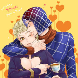  2boys blonde_hair brown_eyes chaka0w0 commentary_request cup earrings giorno_giovanna guido_mista hat hug jewelry jojo_no_kimyou_na_bouken multiple_boys one_eye_closed pectoral_cleavage pectorals teacup vento_aureo yellow_eyes 