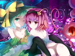  2girls ass back bad_deviantart_id bad_id bare_shoulders black_legwear blizzomos blush breasts cleavage commentary eyeball green_eyes green_hair hairband hat hat_ribbon heart heart_of_string highres incest komeiji_koishi komeiji_satori long_sleeves looking_at_viewer looking_away multiple_girls off_shoulder one_eye_closed open_mouth panties purple_hair red_eyes ribbon shirt short_hair siblings sisters small_breasts smile string third_eye thong touhou underwear wide_sleeves yuri 