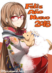  2018 absurdres animal brown_hair canine commentary_request earrings female furisode glasses highres holding holding_animal japanese_clothes jewelry kimono lindoh_flores long_hair looking_at_viewer nail_polish new_year original partial_commentary photoshop_(medium) red-eyes_macadamiachoco red-framed_eyewear red_eyes simple_background smile solo spanish_text translated twitter_username upper_body white_background 