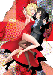  2girls aiming bad_id bad_pixiv_id black_hair black_legwear blonde_hair blush breasts brown_eyes cleavage cross dress green_eyes gun handgun high_heels hug leg_between_thighs looking_at_viewer medium_breasts multiple_girls open_mouth original outstretched_arms pantyhose photoshop_(medium) shoes short_hair side_slit skirt smile weapon yuu_(derodero) 