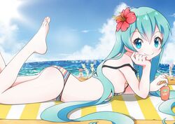  1boy 4girls aqua_eyes aqua_hair ass barefoot beach bikini breasts cloud commentary_request day feet flower from_side fuusen_neko hair_flower hair_ornament hatsune_miku hibiscus kagamine_len kagamine_rin long_hair looking_at_viewer lotion lying megurine_luka meiko_(vocaloid) multicolored_bikini multicolored_clothes multiple_girls no_nose ocean on_stomach outdoors photoshop_(medium) sky small_breasts smile strap_slip striped_bikini striped_clothes sunscreen swimsuit the_pose very_long_hair vocaloid water 