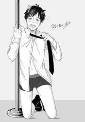  1boy blush boxers collared_shirt commentary_request english_text greyscale heart katsuki_yuuri kneeling male_focus male_underwear mamemomota monochrome necktie no_pants open_mouth photoshop_(medium) pole pole_dancing shirt smile stripper_pole underwear yuri!!!_on_ice 