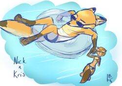  2017 absurd_res anthro bikini canid canine closed_eyes clothed clothing disney duo english_text eyewear female floating fox hand_holding hi_res inflatable inner_tube ittybittykittytittys kris_(zootopia) male mammal mustelid nick_wilde otter outside pool_toy red_fox sunglasses swimwear text true_fox water waterscape zootopia 