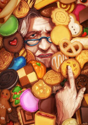  blue-framed_eyewear blue_eyes commentary commentary_request cookie cookie_clicker eyewear_strap female fingernails food glasses grandma_(cookie_clicker) hands heart looking_at_viewer old old_woman parted_lips sassa_(cb) solo white_hair wrinkled_skin 