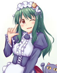  ;d blush brown_eyes colored_sclera commentary_request crown feline female frills green_hair hairband hand_up index_finger_raised kuroi_ginko long_hair long_sleeves maid maid_headdress minakami_mimimi mini_crown one_eye_closed open_mouth planet_with puffy_long_sleeves puffy_sleeves sensei_(planet_with) sidelocks simple_background smile solo upper_body yellow_sclera 