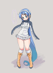  ... absurdly_long_hair blue_hair blush boots commentary_request cosplay drawstring female full_body gentoo_penguin_(kemono_friends) gentoo_penguin_(kemono_friends)_(cosplay) headphones jacket kantai_collection kemono_friends long_hair malino_(dream_maker) miniskirt photoshop_(medium) pigeon-toed pleated_skirt samidare_(kancolle) simple_background skirt solo speech_bubble spoken_ellipsis spoken_sweatdrop sweatdrop thighs very_long_hair 